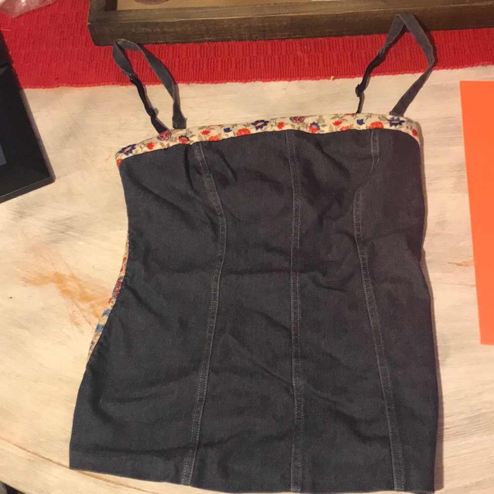 Denim tank top with floral print on back
